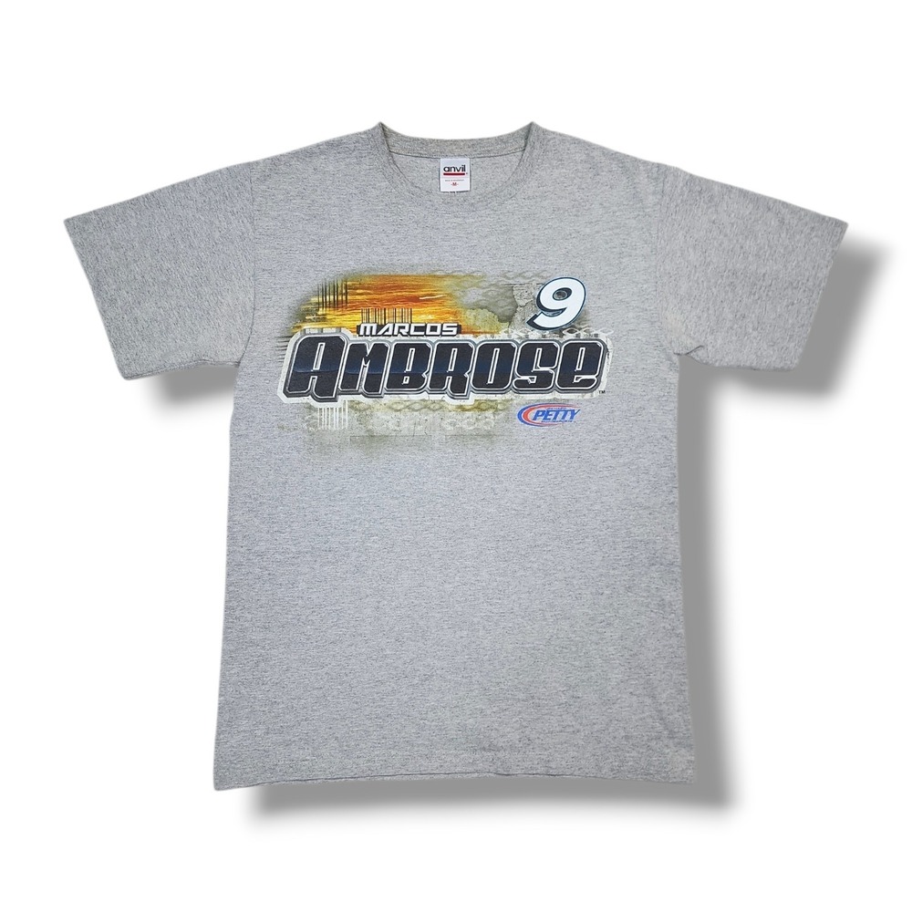 Vintage NASCAR Marcos Ambrose #9 Dewalt‎ Gray Anvil T-Shirt Men's M